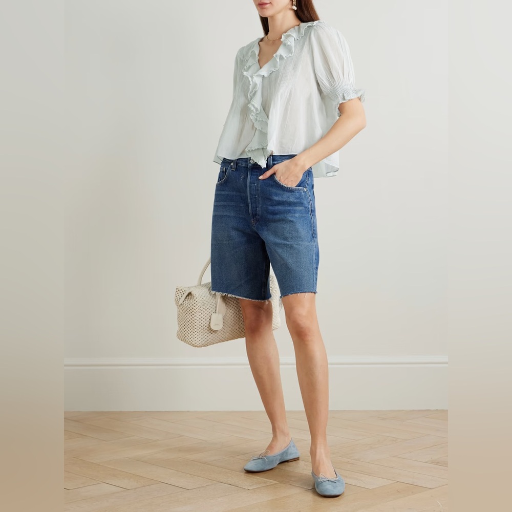 Doen NWT Medium Henri Ruffle Cotton Blouse in Alice Blue - Picture 4 of 14